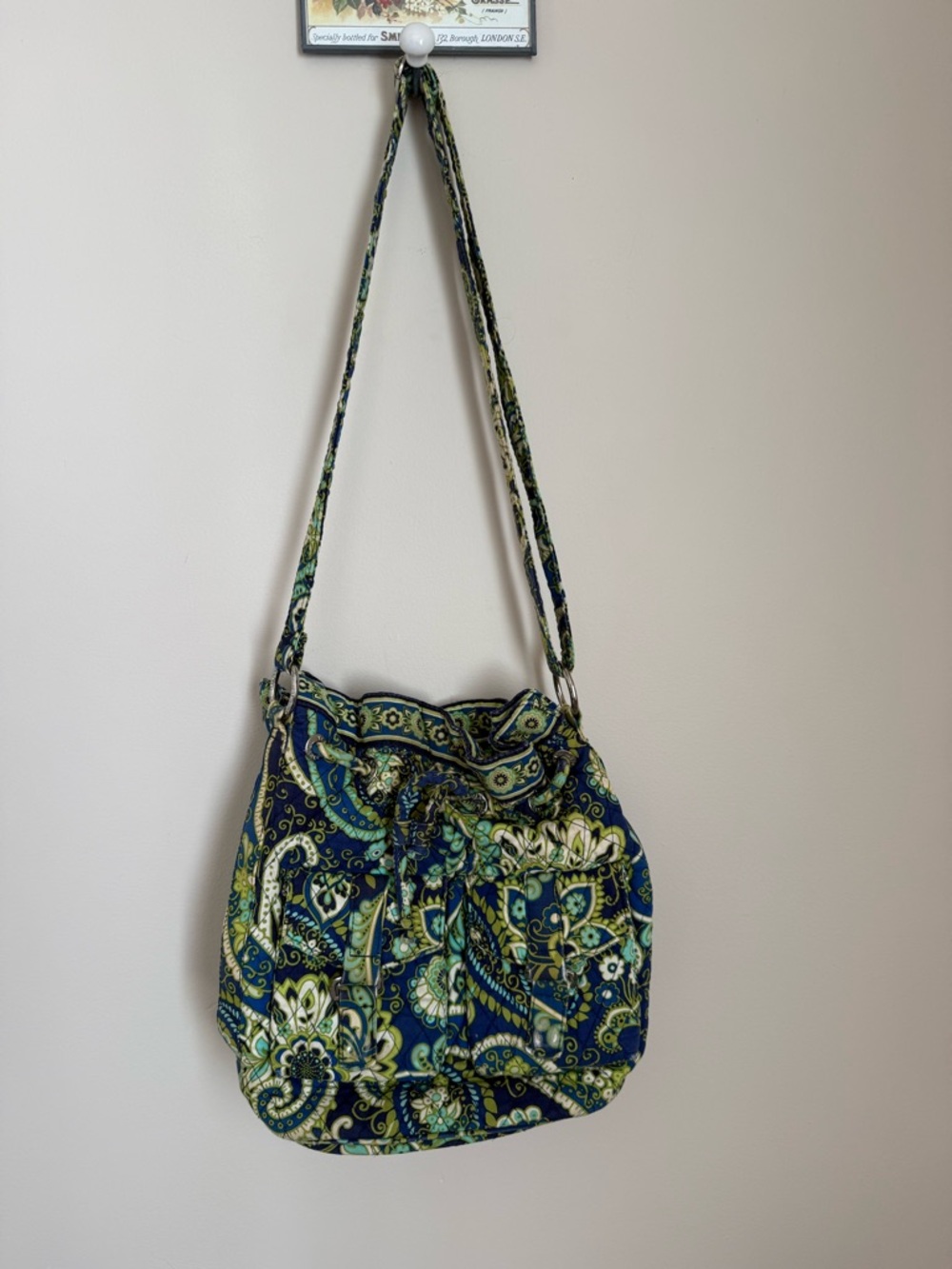 Vera Bradley Navy and Green Paisley Drawstring Shoulder Bag